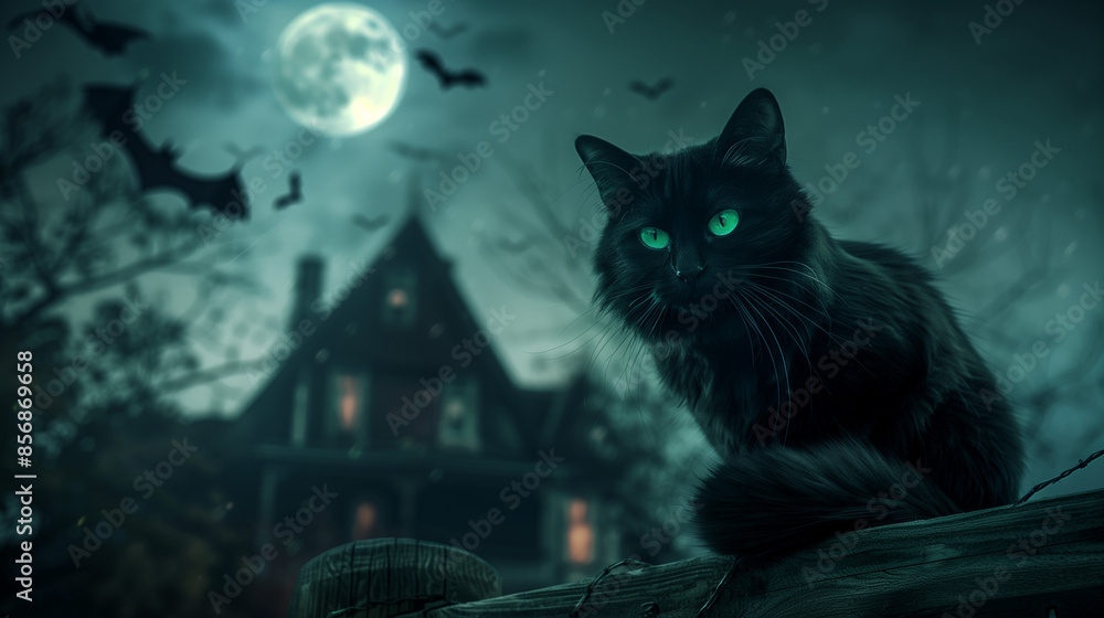 Black cat with glowing green eyes sitting on a fence under a full moon ...