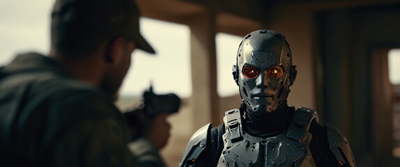 cyborg soldier fighting in a warzone movie story seen trail cam footage, rear view, wide angle shot, a striking contrast against the soft, blurred background, with a digital interface overlaid