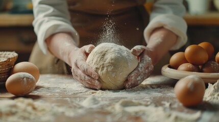 Close-up of hands kneading dough with flour.