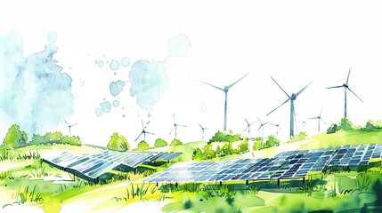 illustration of a green energy landscape with solar panels and wind turbines on a white background in the watercolor style