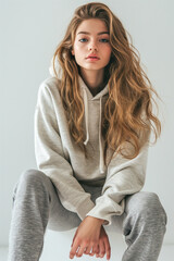 Wall Mural - A woman with long brown hair is sitting on a white surface wearing a gray hoodie