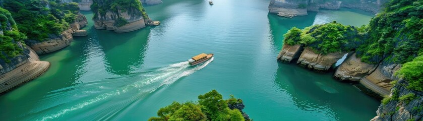 Wall Mural - Aerial view of a scenic boat navigating clear blue waters with lush green islands and rocky cliffs surrounding in a beautiful natural landscape.