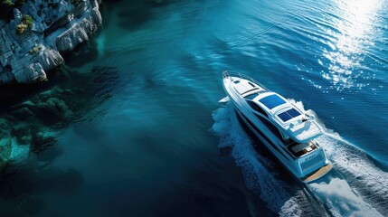 Wall Mural - Aerial view of luxury yacht cruising in clear blue waters near rocky shoreline on a sunny day, creating waves and reflections.