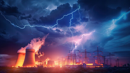 Lightning over power plant with nuclear towers. Electricity and energy concept. Blue, purple sky