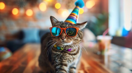 Poster - A cat wearing sunglasses and a party hat is sitting on a wooden table.