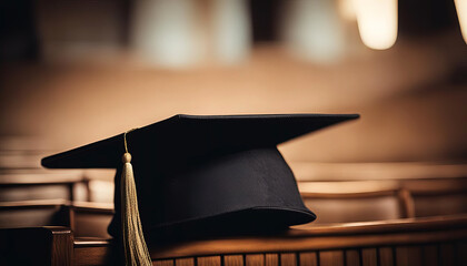 Graduation cap on the wooden table in the classroom. Education concept