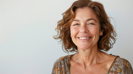 Middle-aged Caucasian woman with shoulder-length wavy brown hair, wearing a floral top, smiling, and looking at the camera against a light background.