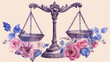 © WACHI - Vintage balance scale with floral accents. Watercolor illustration of justice scale decorated with pink and blue roses on a neutral background.