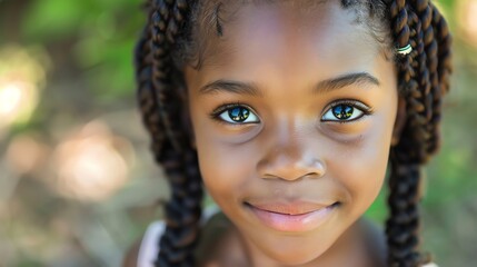 Poster - A young girl with braided hair smiles warmly, her eyes reflecting a bright green and brown.