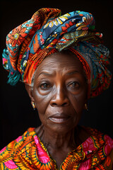 Wall Mural - Portrait of elderly African woman in colorful ethnic turban and clothes.