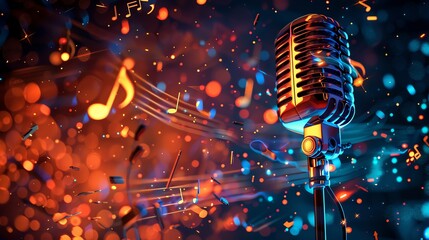 Wall Mural - a vintage microphone with glowing lights and musical notes in the background.