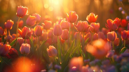 Sticker - Tulips illuminated by the sun in a garden during the spring season