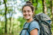 © Polina AI Art - Portrait of a chubby healthy confident smiling teenage girl with backpack hiking in forest background with copy space