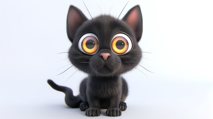 Poster - A 3D rendering of a cartoon black cat with big, bright eyes.