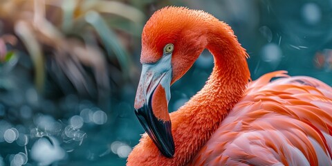 Vibrant Flamingo Portrait: Close-Up of Exotic Bird with Soft Bokeh Background