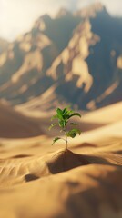 A small green plant growing in the middle of a desert with large sand dunes in the background. Contrast between life and barren landscape concept