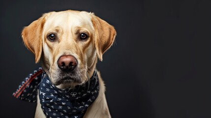 Wall Mural - A Labrador Retriever with a bandana looks directly at the camera.