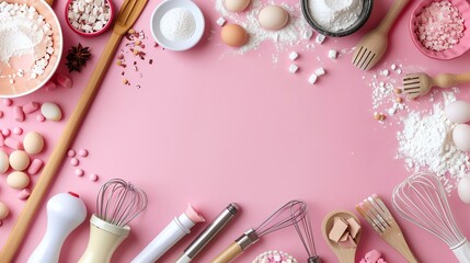 Baking supplies arranged on a pink background.