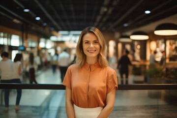 charismatic female stylist standing in corridor of popular shopping center, waiting for client to come