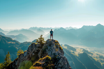 Wall Mural - man hiker standing on the top of a mountain and looking at the beautiful landscape