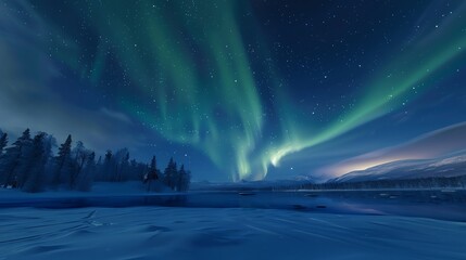 Vibrant green Northern Lights illuminate the night sky over a snow-covered landscape.