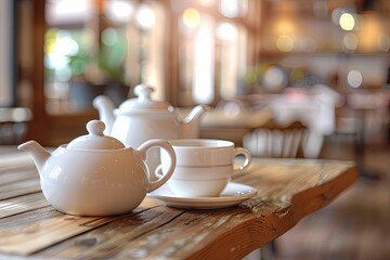 Poster - A Charming Tea Room Scene with a Welcoming Wooden Table and Soft Blurred Teapots in the Background Picture