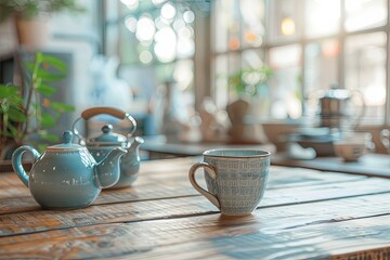 Canvas Print - A Charming Tea Room Scene with a Welcoming Wooden Table and Soft Blurred Teapots in the Background Picture