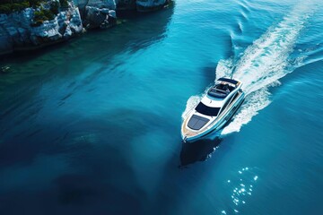 Wall Mural - A luxury yacht cruising on clear blue water near a rocky coastline, capturing the serene beauty of a marine adventure from an aerial view.