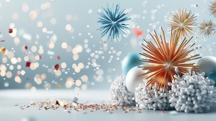 Abstract festive scene with colorful bokeh lights and decorative ornaments set against a light background, evoking celebration.