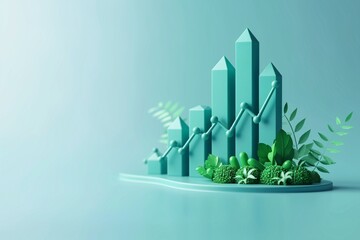 3D green bar graph amidst foliage, symbolizing growth, sustainability, and eco-friendly progress in financial and business sectors.