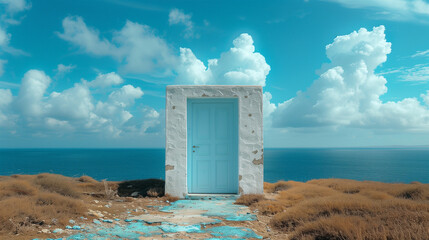 Blue Doors on Coastal Shore Against Blue Sky and Clouds, Symbol of New Beginnings, Bravery, Fresh Start, New Chapter.
