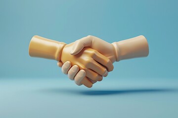 3D illustration of two hands shaking in agreement on a blue background, symbolizing partnership, teamwork, and collaboration.