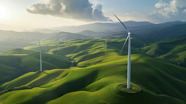 An aerial view of wind turbines on top of the mountain
