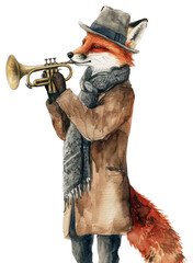 Sticker - PNG  Fox playing trumpet watercolor clothing adult performance.