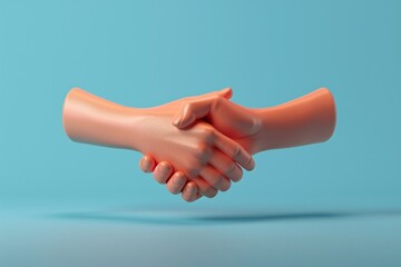 3D rendering of two hands shaking in mid-air, representing partnership and agreement, against a blue background.