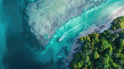 Wall Mural - Aerial view of a speedboat navigating through turquoise waters near a tropical coastline with lush green foliage and sandy beaches.