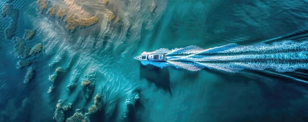 Wall Mural - Aerial view of a speed boat cruising through vibrant blue waters, leaving a trail behind, with visible underwater formations.