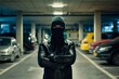 © alisaaa - Criminal in black leather jacket and balaclava on head crossing arms by chest Contemporary criminal in black leather jacket and balaclava on head crossing arms by chest with parking area on background