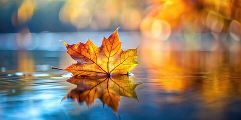 Wall Mural - Fallen autumn leaf in a serene water setting, with a close-up view and shallow depth of field, autumn, leaf, fall, water