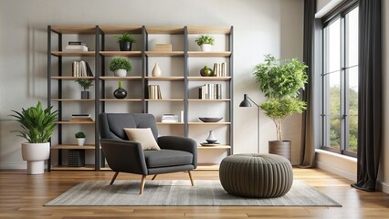 Interior of modern living room with black armchair, pouf and shelving unit, modern, living room, interior design