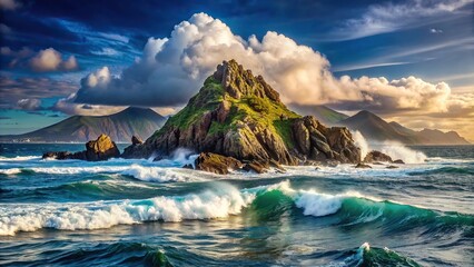 Wall Mural - Dramatic island surrounded by rocky mountains and breaking waves in the ocean , tropical, vacation, holiday, island, ocean