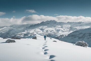 Wall Mural - Man hiking in fresh snow and enjoying amazing views. Footprints are visible in the snow