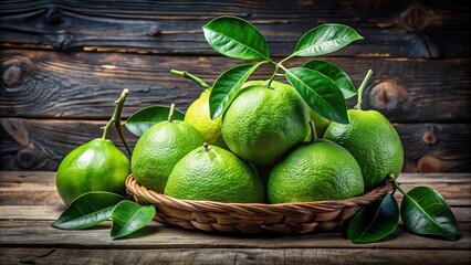 Wall Mural - Fresh green pomelos arranged on rustic old wooden table, green pomelos, fruits, citrus, healthy, organic, vibrant, juicy