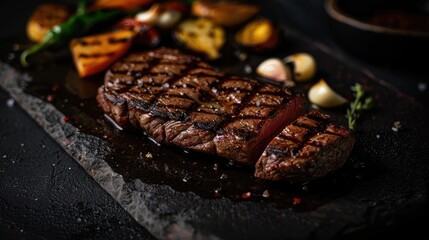 Poster - Delicious grilled steak with vegetables on a dark slate plate, perfectly seared and seasoned, ideal for gourmet cuisine presentations.