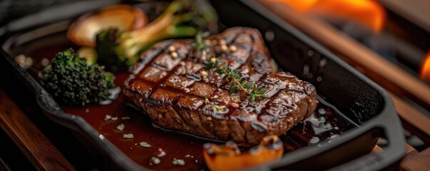 Wall Mural - Grilled steak with vegetables served in a sizzling hot cast iron pan, showcasing delicious and perfectly cooked meat with garnish.