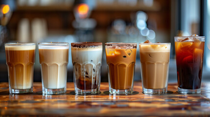 Wall Mural - A row of coffee cups with different flavors lined up on a wooden table