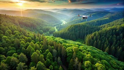 Wall Mural - Drone capturing breathtaking aerial views of a lush forest landscape, drone, aerial, view, nature, forest, trees