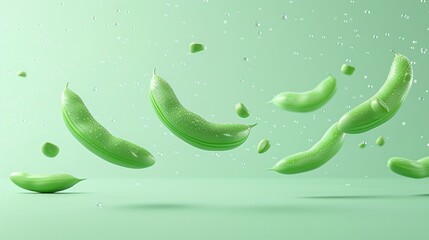 Creative image of green pea pods and water droplets in mid-air on a green background. Fresh and healthy food concept. 3D Illustration.