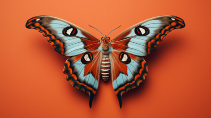 Wall Mural - majestic blue and orange butterfly with intricate patterns and details on a solid orange background