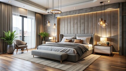 Wall Mural - Modern bedroom interior with a double bed, stylish decor, and trendy lighting, modern, bedroom, interior, double bed, decor